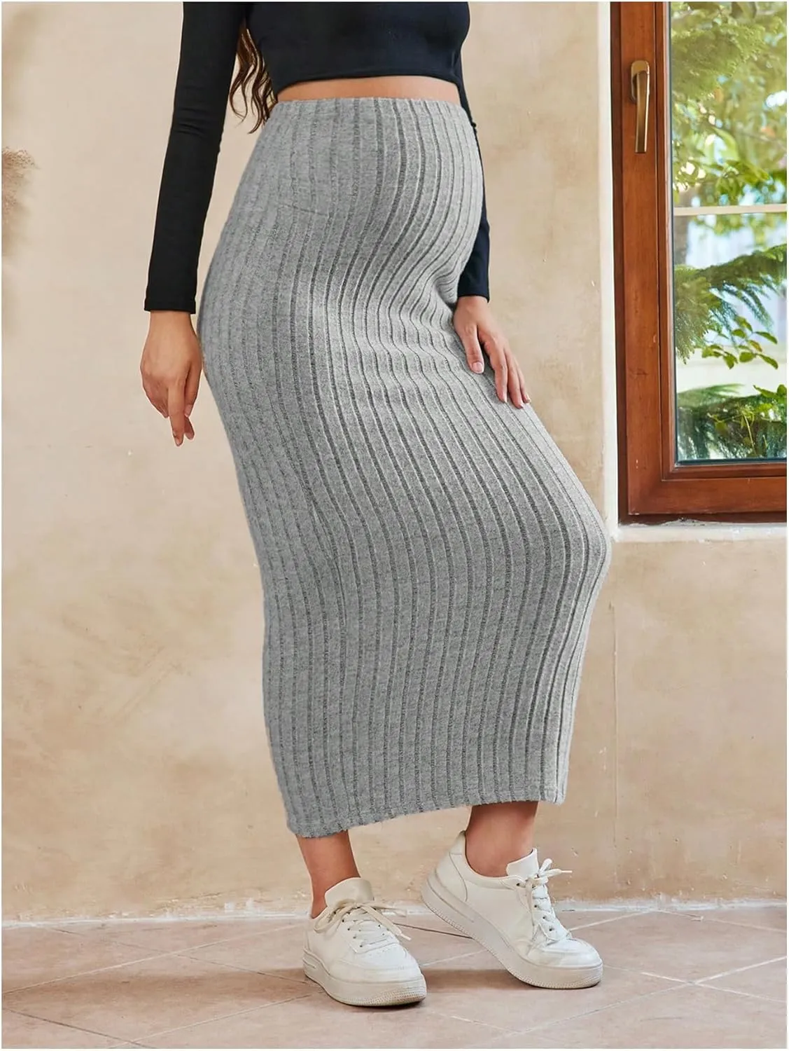 OYOANGLE Women's Maternity High Waist Long Maxi Skirt Casual Solid Adjustable Skirts