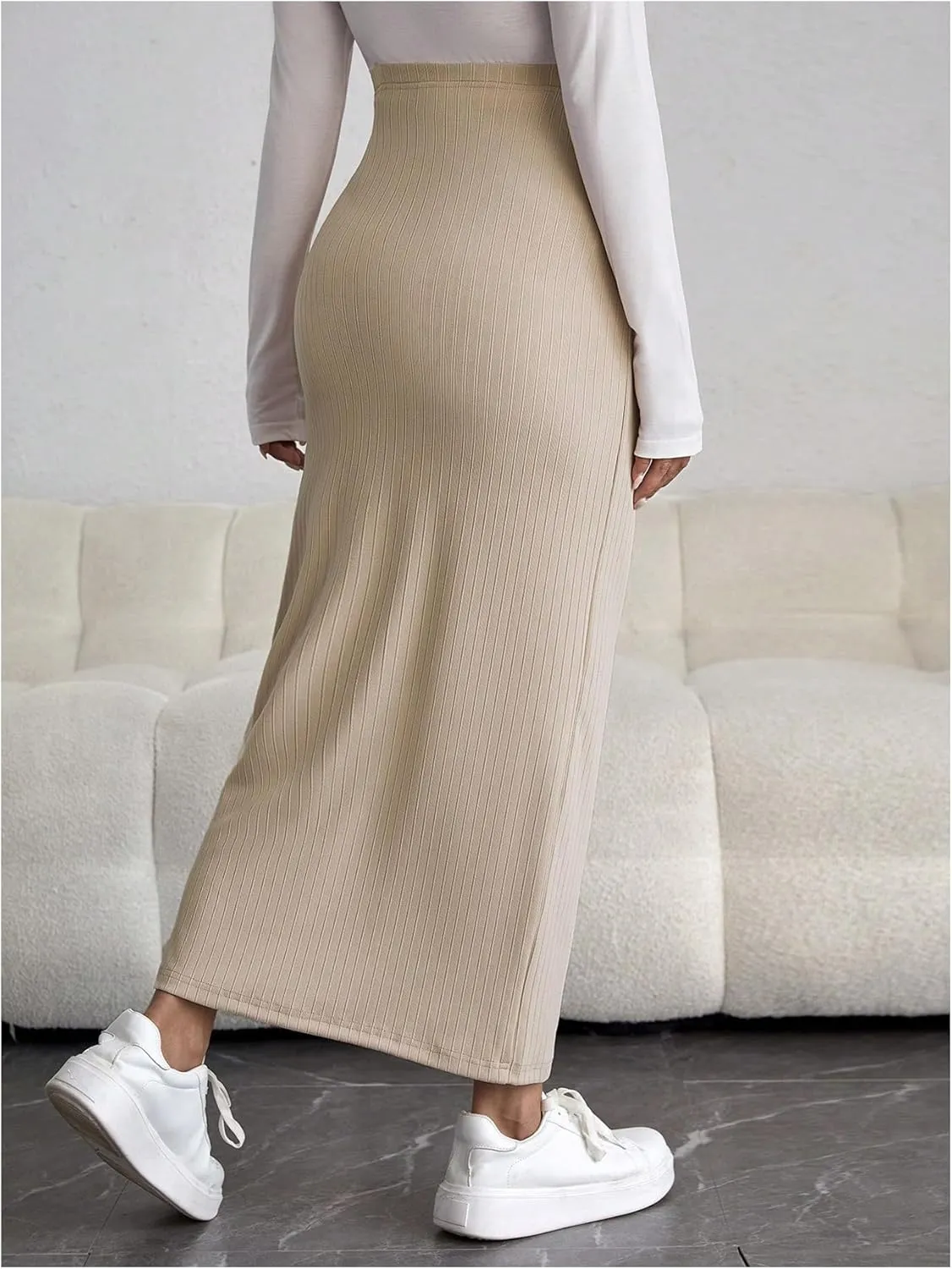 OYOANGLE Women's Maternity High Waist Long Maxi Skirt Casual Solid Adjustable Skirts