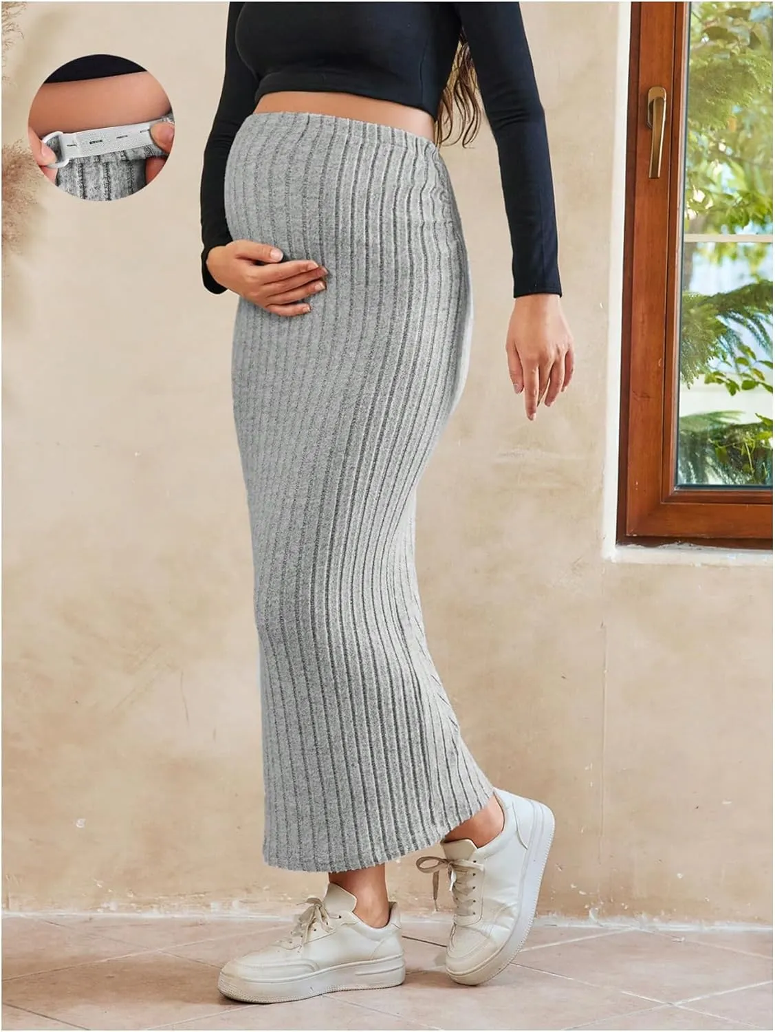 OYOANGLE Women's Maternity High Waist Long Maxi Skirt Casual Solid Adjustable Skirts