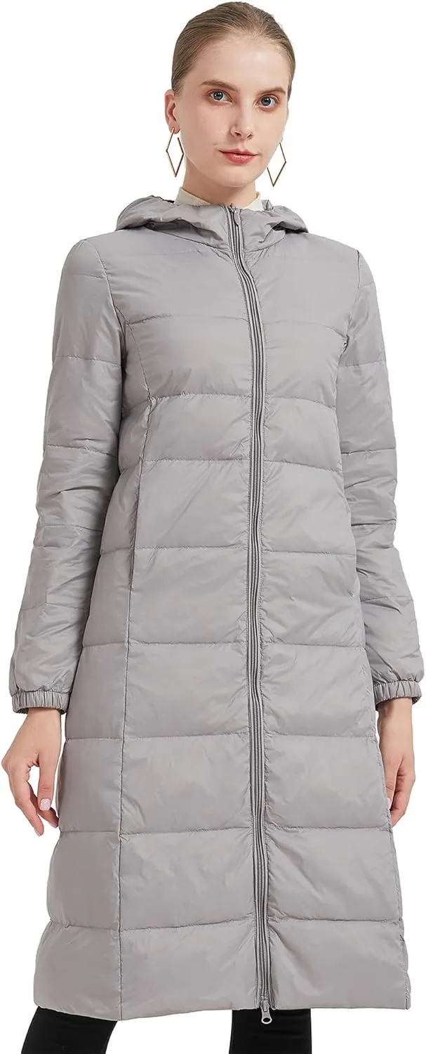 Packable Lightweight Long Down Jacket for Women Thin Warm Hooded Travel Down Coat(Available in Plus Size)