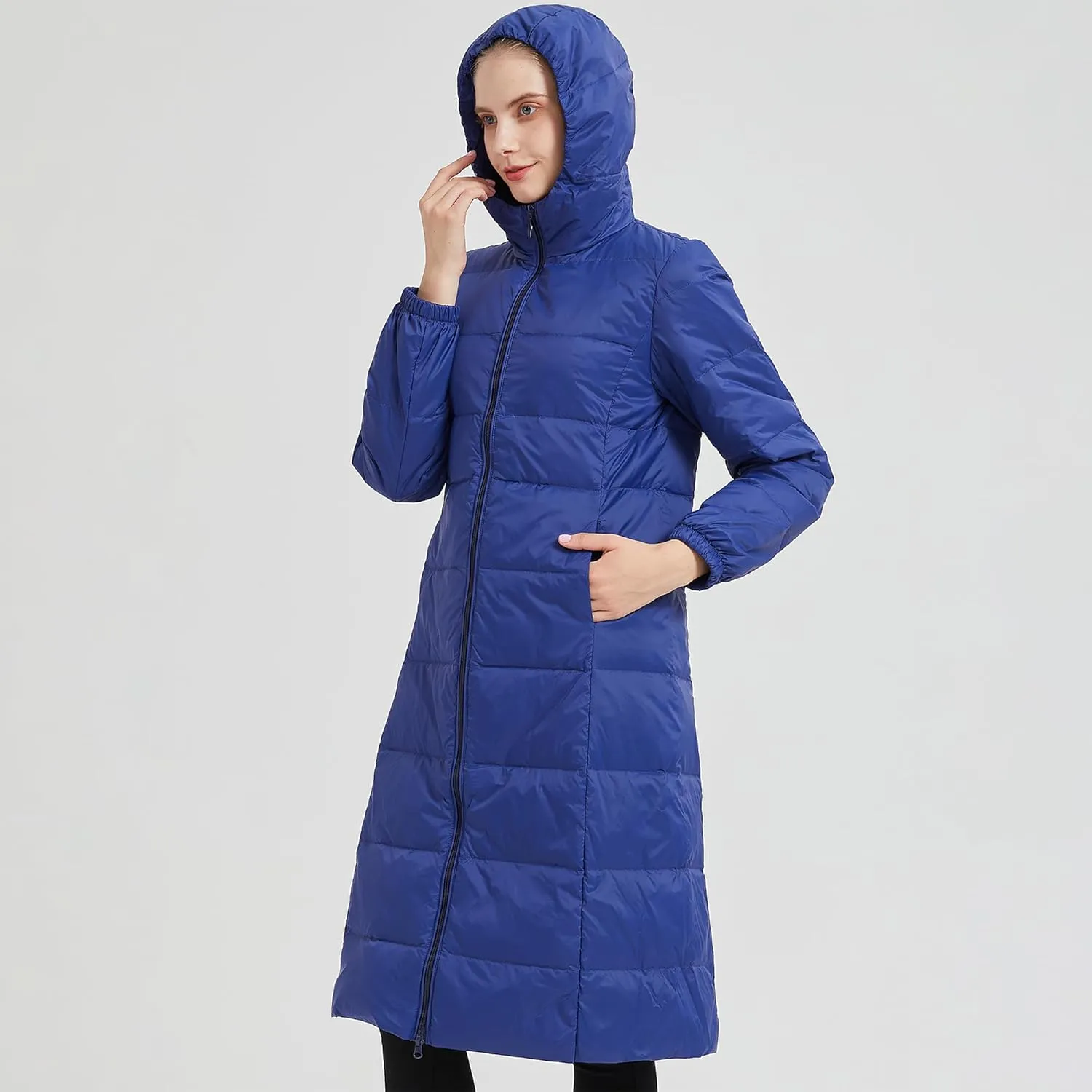 Packable Lightweight Long Down Jacket for Women Thin Warm Hooded Travel Down Coat(Available in Plus Size)