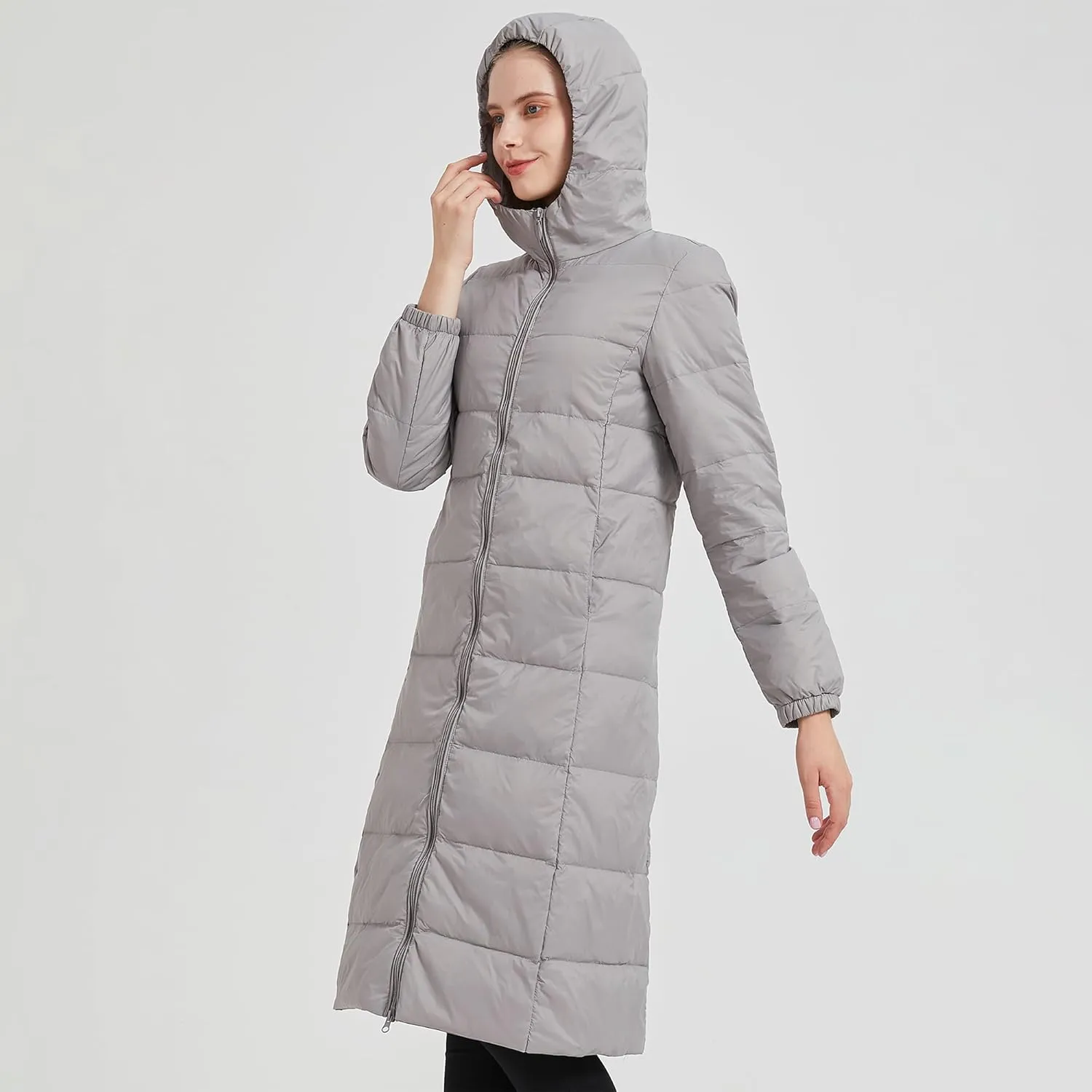 Packable Lightweight Long Down Jacket for Women Thin Warm Hooded Travel Down Coat(Available in Plus Size)