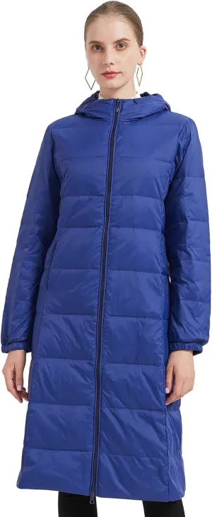 Packable Lightweight Long Down Jacket for Women Thin Warm Hooded Travel Down Coat(Available in Plus Size)