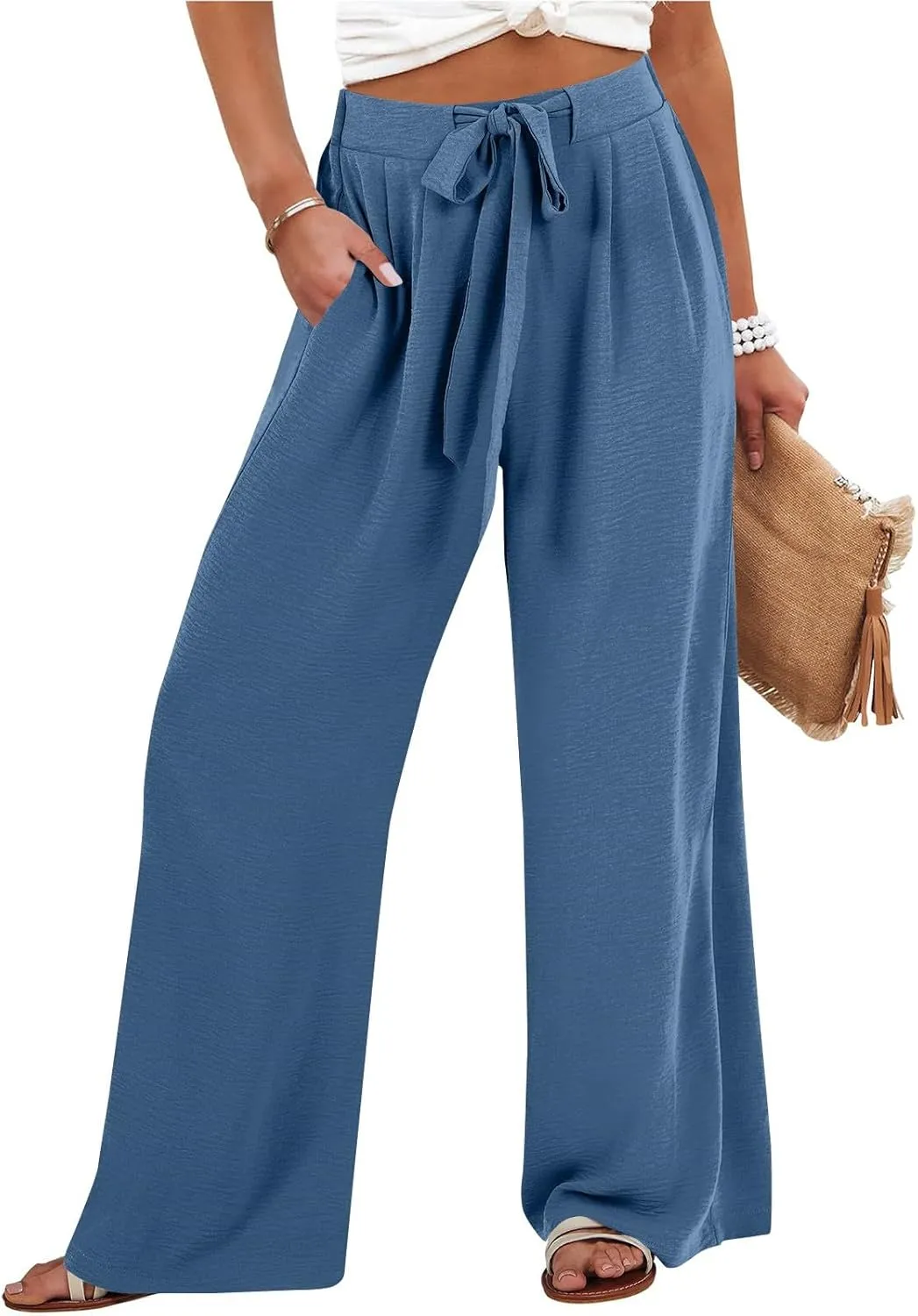 Palazzo Pants for Women Casual Tie High Waist Baggy Flowy Pants Beach Boho Business Dressy Lounge Slacks with Pockets