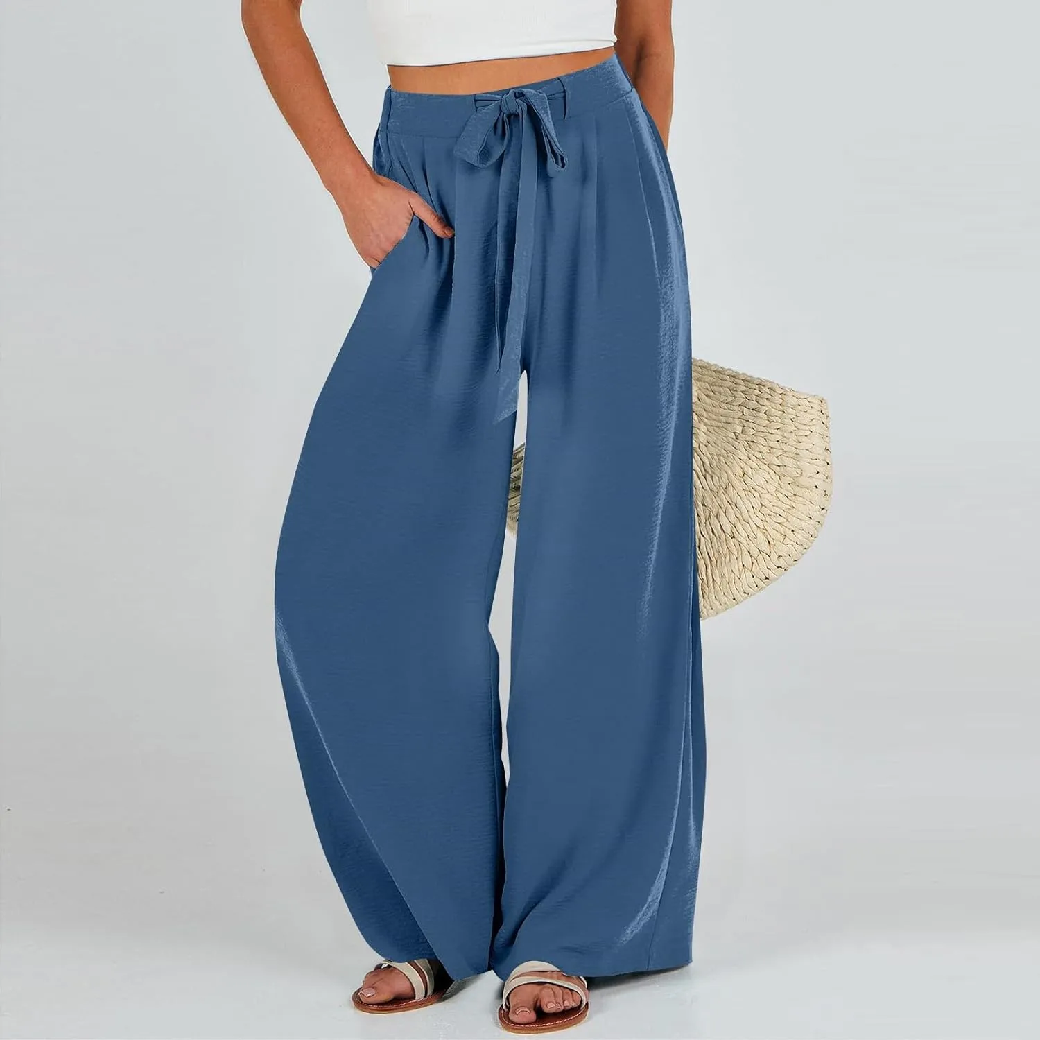 Palazzo Pants for Women Casual Tie High Waist Baggy Flowy Pants Beach Boho Business Dressy Lounge Slacks with Pockets