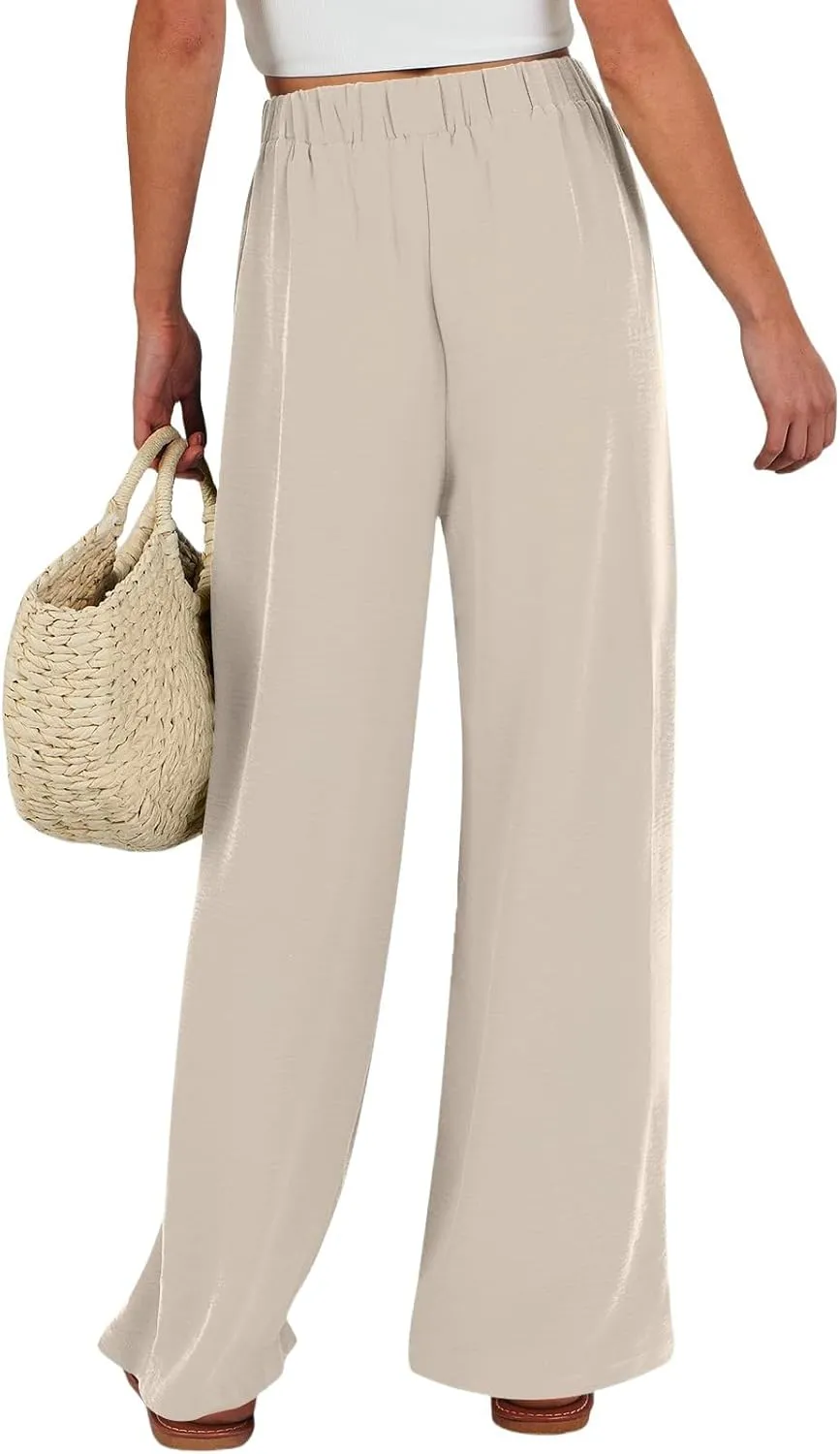 Palazzo Pants for Women Casual Tie High Waist Baggy Flowy Pants Beach Boho Business Dressy Lounge Slacks with Pockets