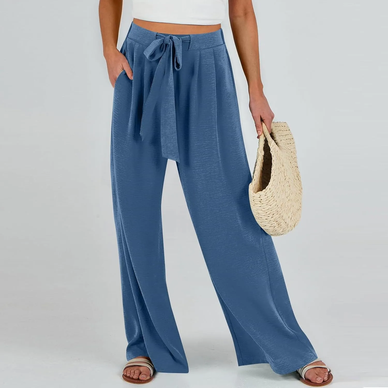 Palazzo Pants for Women Casual Tie High Waist Baggy Flowy Pants Beach Boho Business Dressy Lounge Slacks with Pockets