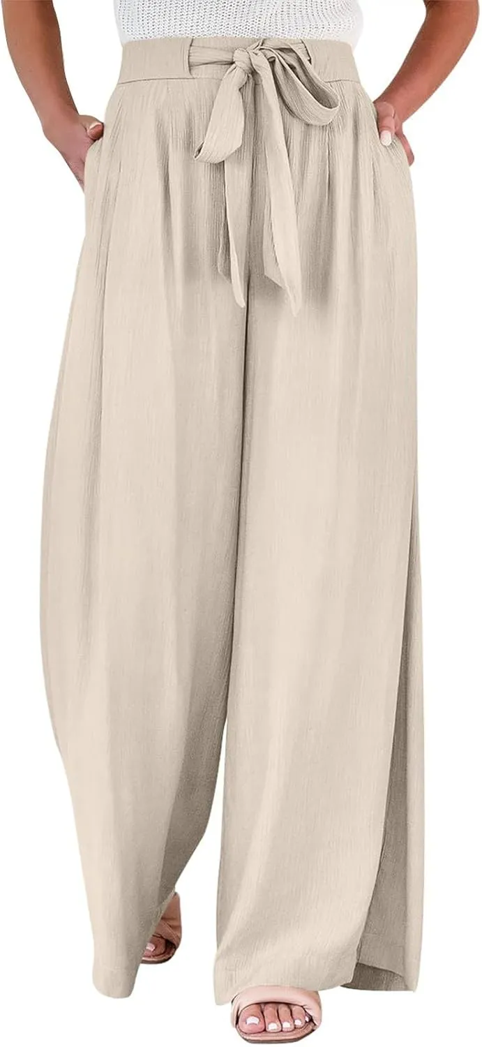 Palazzo Pants for Women Casual Tie High Waist Baggy Flowy Pants Beach Boho Business Dressy Lounge Slacks with Pockets