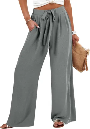 Palazzo Pants for Women Casual Tie High Waist Baggy Flowy Pants Beach Boho Business Dressy Lounge Slacks with Pockets