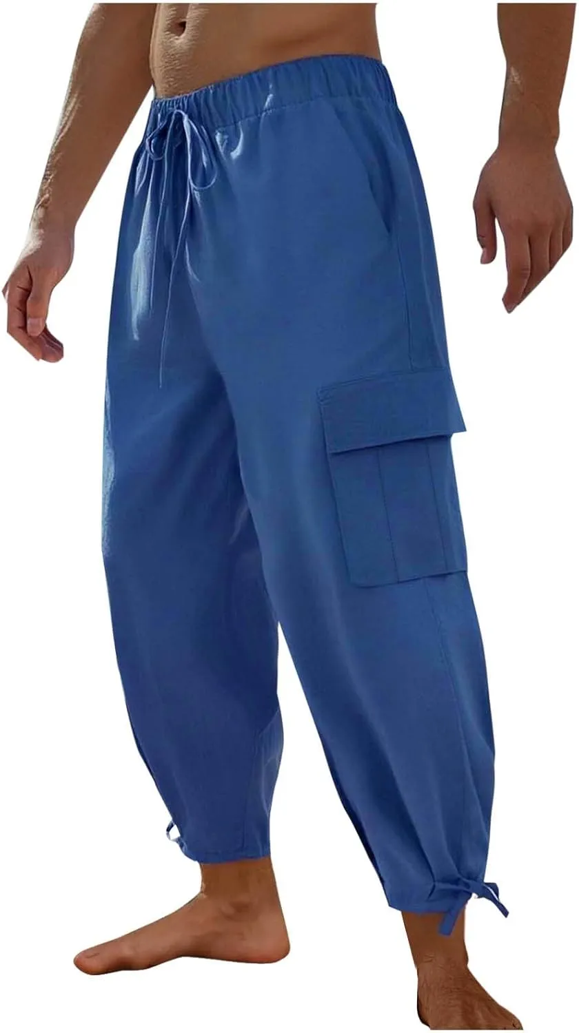 Pants for Men Loose Fit Lightweight Basic Elastic Waist Drawstring Trousers Casual Trendy Summer Linen Hiking Outfits