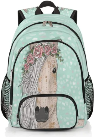 Pardick Horse Flower School Backpacks for Girls Boys Teens Students - Stylish College Schoolbag Book Bag - Water Resistant Travel Backpacks for Women Men