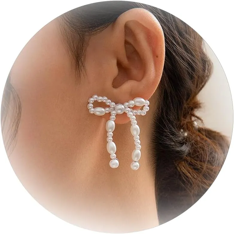 Pearl Bow Earrings for Women Elegant Bow Pearl Earrings Trendy Pearl Bow Knot Stud Earrings Pearl and Bow Earrings White Bow Earrings Wedding Party Prom Earrings Trendy Jewelry Gifts for Her