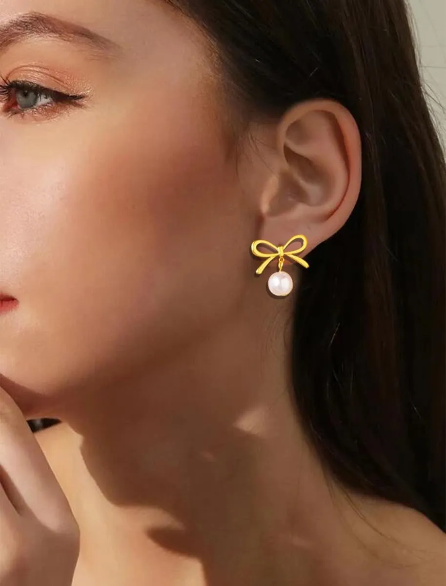 Pearl Bow Earrings for Women Pink Bow Pearl Earrings Christmas Bow Earrings Rhinestone Gold Bow Earrings Silver White Bow Earrings Coquette Earrings Holiday Bow Christmas Jewelry for Women