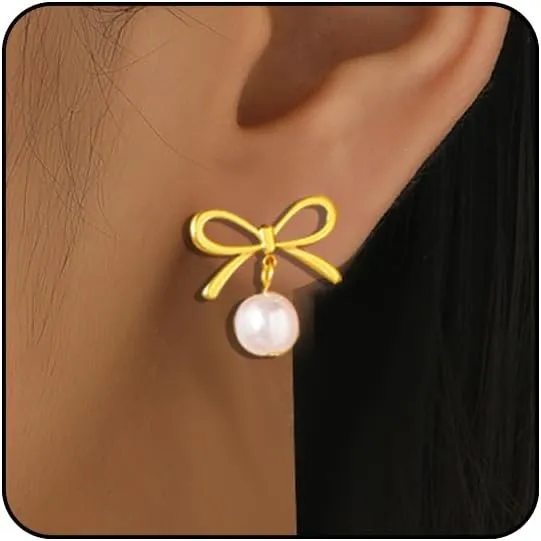 Pearl Bow Earrings for Women Pink Bow Pearl Earrings Christmas Bow Earrings Rhinestone Gold Bow Earrings Silver White Bow Earrings Coquette Earrings Holiday Bow Christmas Jewelry for Women