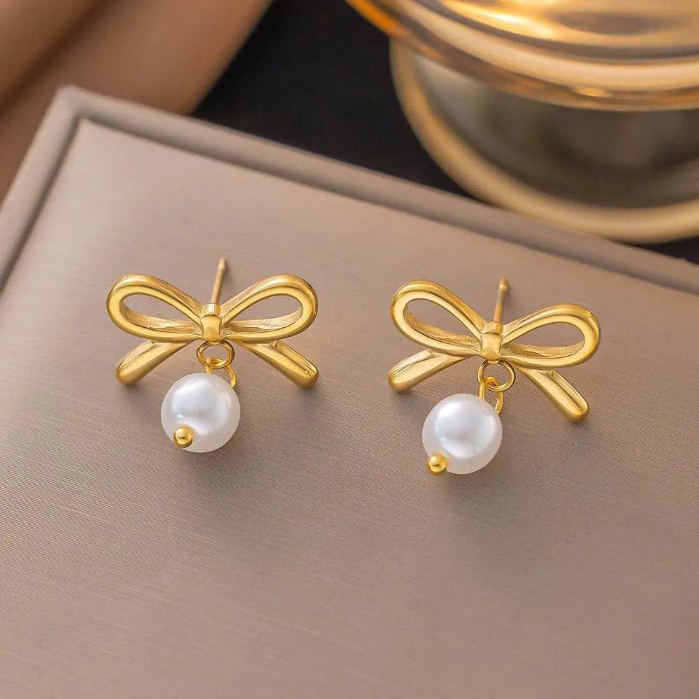Pearl Bow Earrings for Women Pink Bow Pearl Earrings Christmas Bow Earrings Rhinestone Gold Bow Earrings Silver White Bow Earrings Coquette Earrings Holiday Bow Christmas Jewelry for Women
