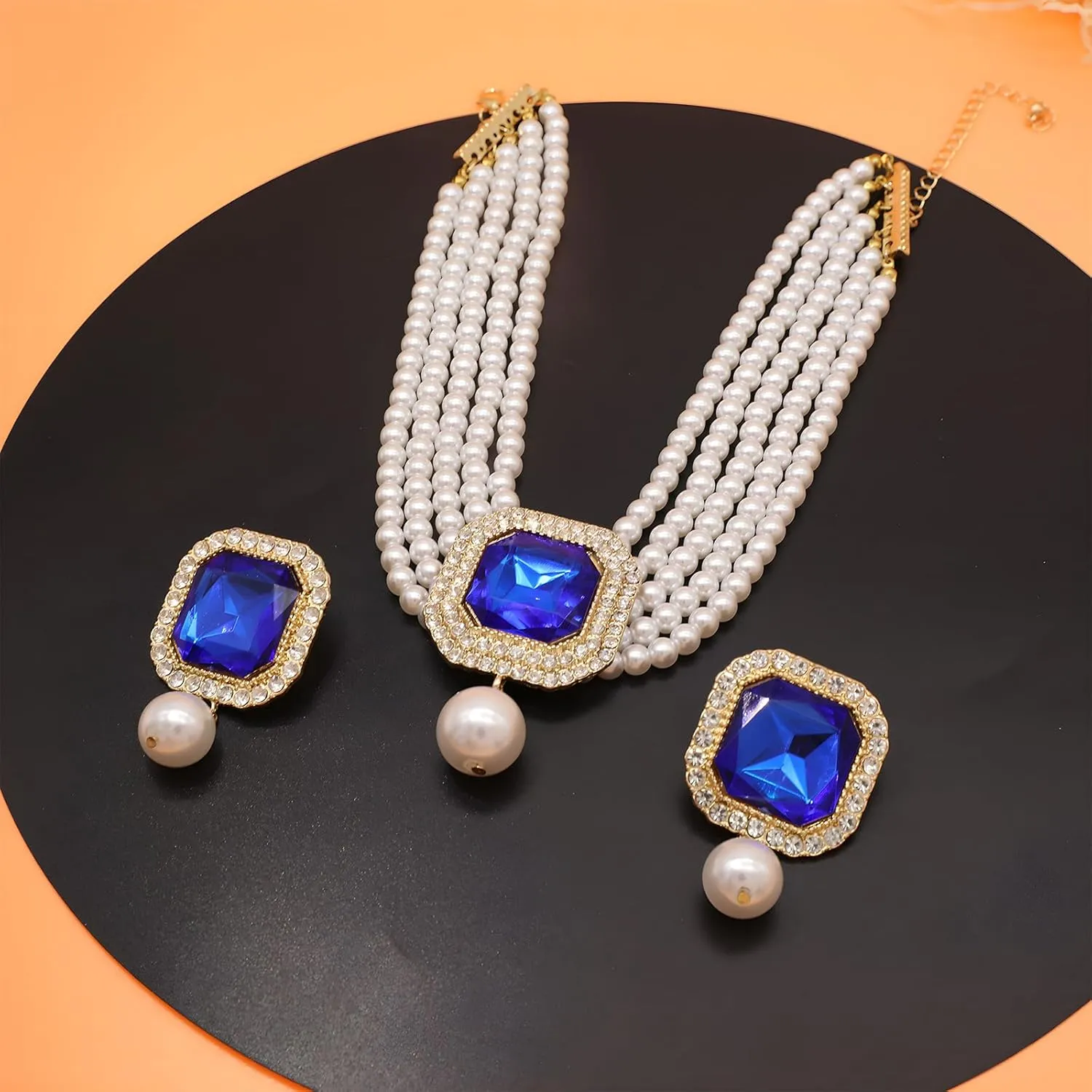Pearl Choker Necklace for Women Gold Crystal Rhinestone Pearl Collar Statement Necklaces Earrings Bridal Pearls Diamond jewelry Set for Wedding