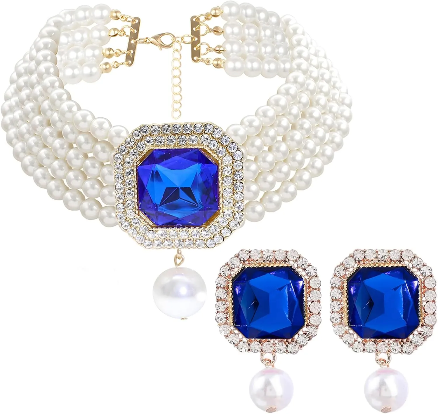 Pearl Choker Necklace for Women Gold Crystal Rhinestone Pearl Collar Statement Necklaces Earrings Bridal Pearls Diamond jewelry Set for Wedding