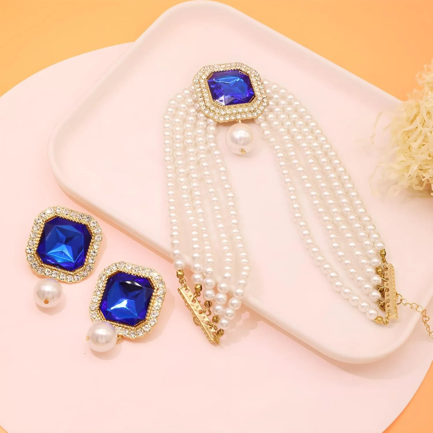 Pearl Choker Necklace for Women Gold Crystal Rhinestone Pearl Collar Statement Necklaces Earrings Bridal Pearls Diamond jewelry Set for Wedding