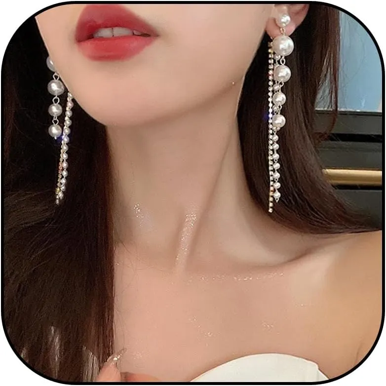 Pearl Drop Earrings for Women Large Pearl Earrings Dangle Pearl Earrings Boho Pearl Earrings Tassel Dangle Earrings for Women Dainty Wedding Bridal Accessories Jewelry