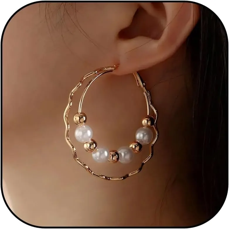Pearl Earrings for Women Gold Pearl Hoop Earrings Double Hoop Earrings Danity White Pearl Statement Earrings Wedding Party Prom Jewelry Surprise for Women