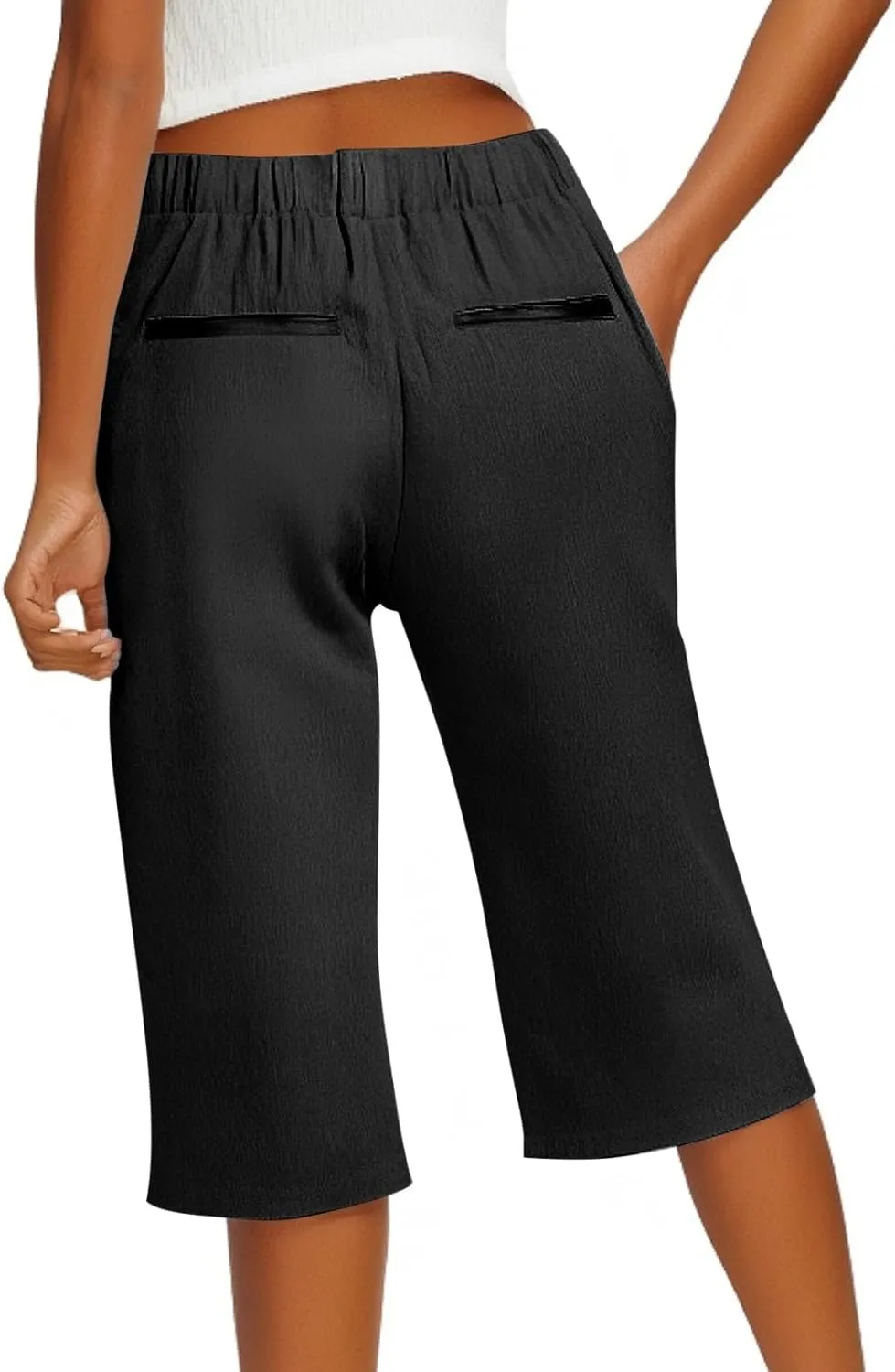 Pedal Pushers for Women Casual High Waisted Wide Leg Linen Bermuda Shorts Loose Fit Beach Capri Pants with Pockets