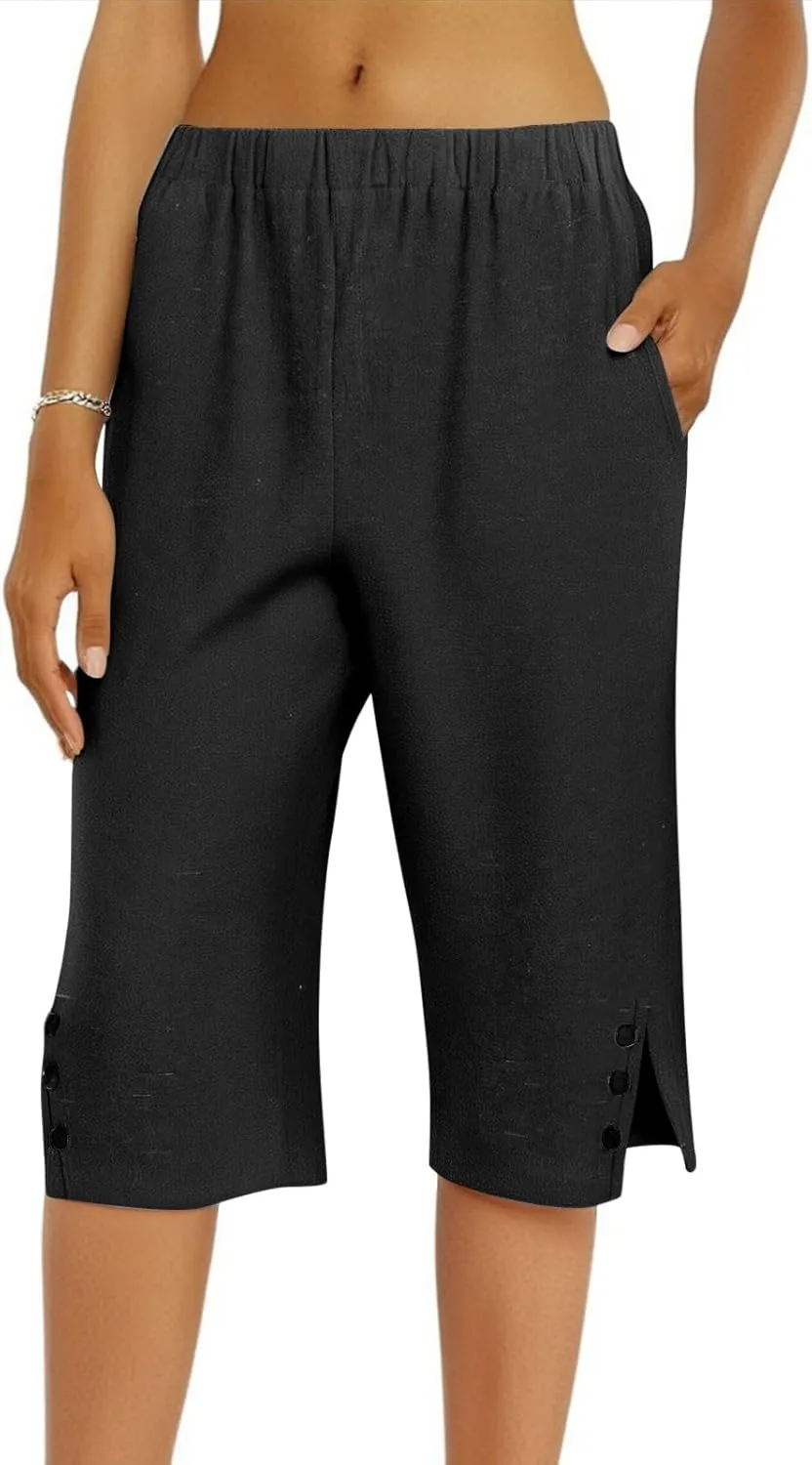 Pedal Pushers for Women Casual High Waisted Wide Leg Linen Bermuda Shorts Loose Fit Beach Capri Pants with Pockets