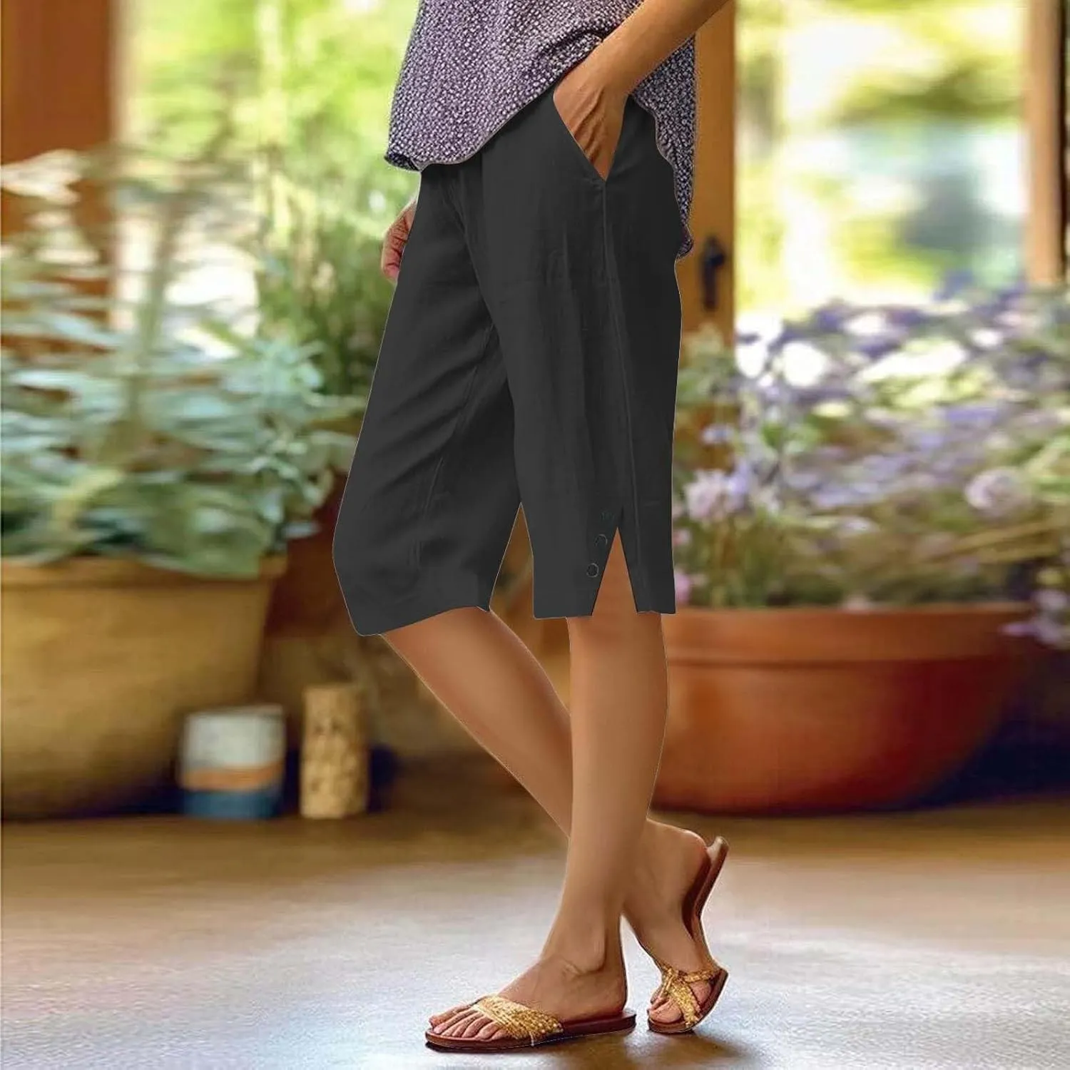 Pedal Pushers for Women Casual High Waisted Wide Leg Linen Bermuda Shorts Loose Fit Beach Capri Pants with Pockets