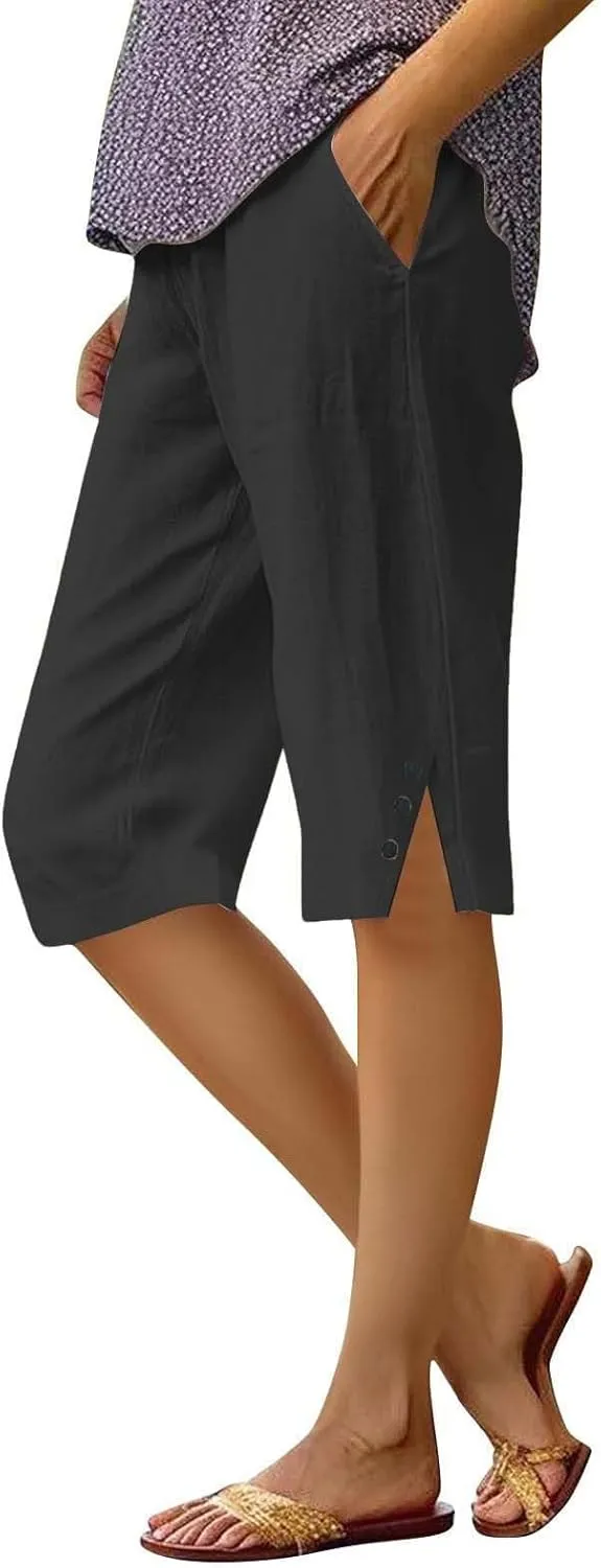 Pedal Pushers for Women Casual High Waisted Wide Leg Linen Bermuda Shorts Loose Fit Beach Capri Pants with Pockets