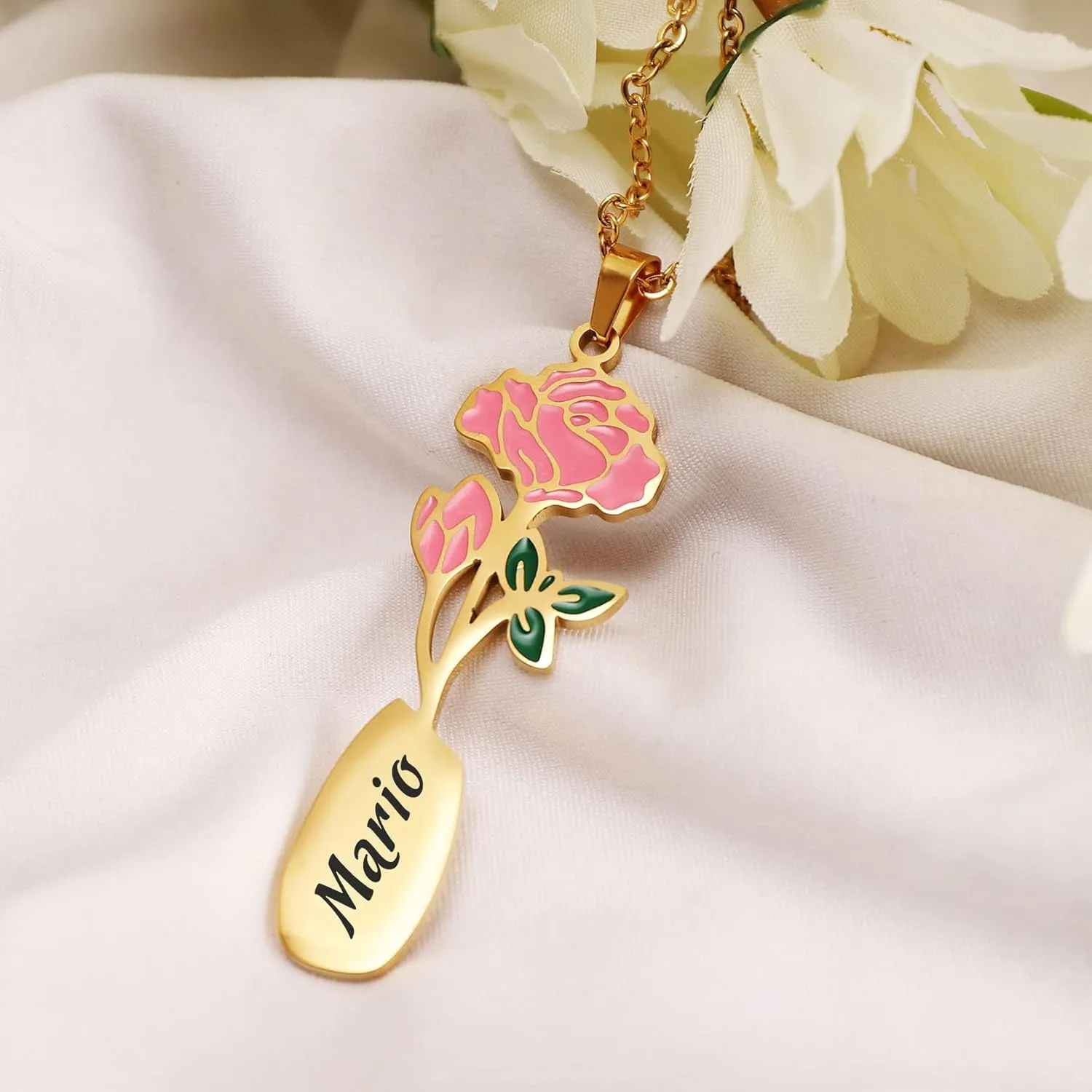 Personalized Birth Flower Necklace for Women with Name Custom 18K Gold Plated Birth Month Flower Name Pendant Dainty Flower Nameplate Necklace Customized Jewelry Birthday Mothers Day Gift for Mom