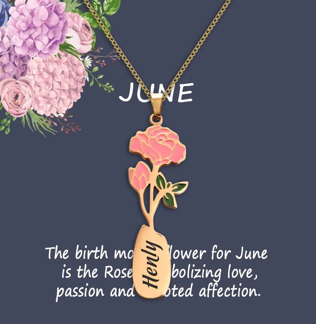 Personalized Birth Flower Necklace for Women with Name Custom 18K Gold Plated Birth Month Flower Name Pendant Dainty Flower Nameplate Necklace Customized Jewelry Birthday Mothers Day Gift for Mom