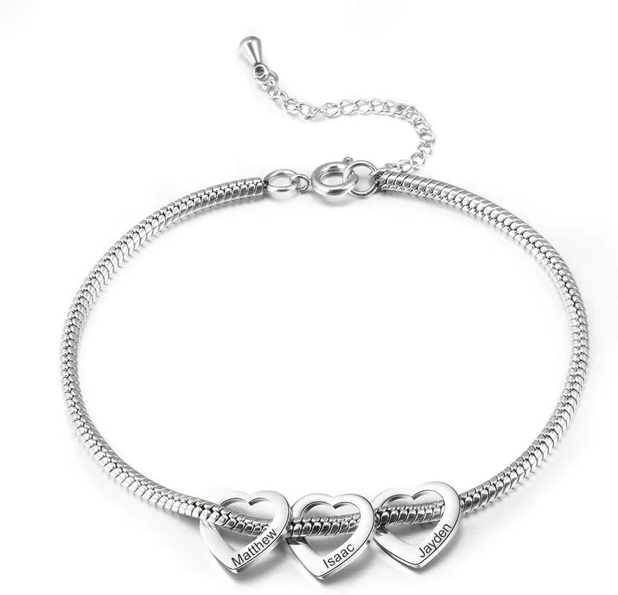 Personalized Charms Anklet for Women - Inspirational Heart, Engraved 2-6 Names Bracelet, Adjustable for Mom Grandma (3 Charm-Silver)
