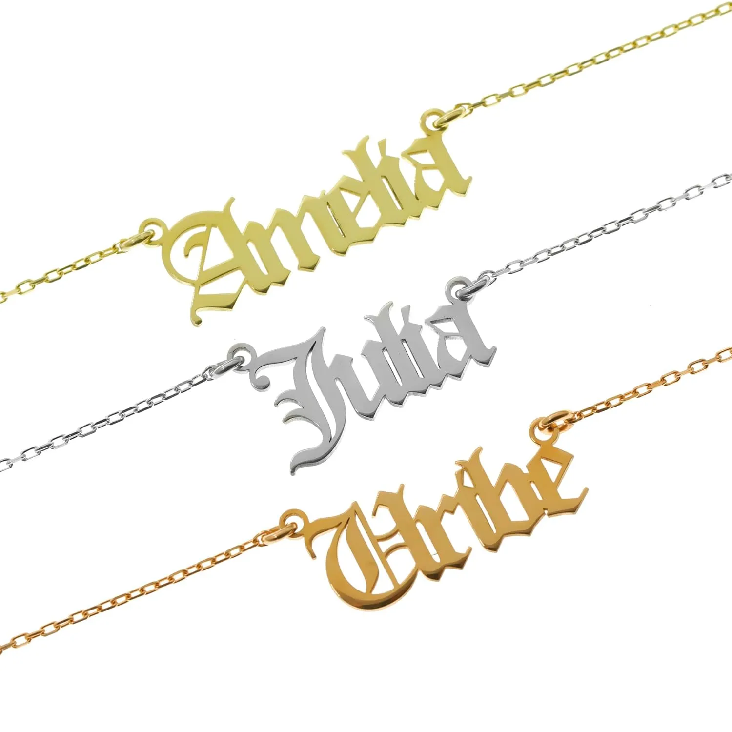 Personalized Old English Font Name Necklace, Gothic Style Name Pendant