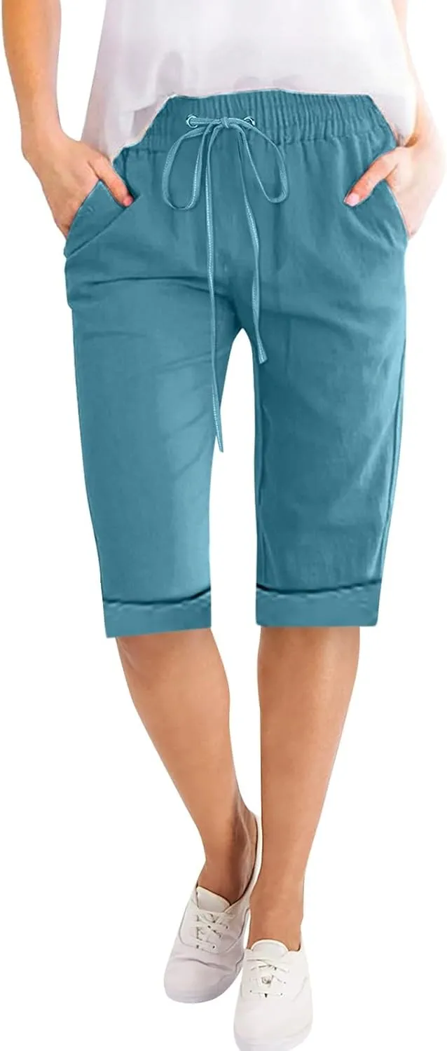 Petite to Bermuda Shorts for Women Knee Length Cotton Linen Shorts Casual Summer Baggy Dressy Shorts with Pockets