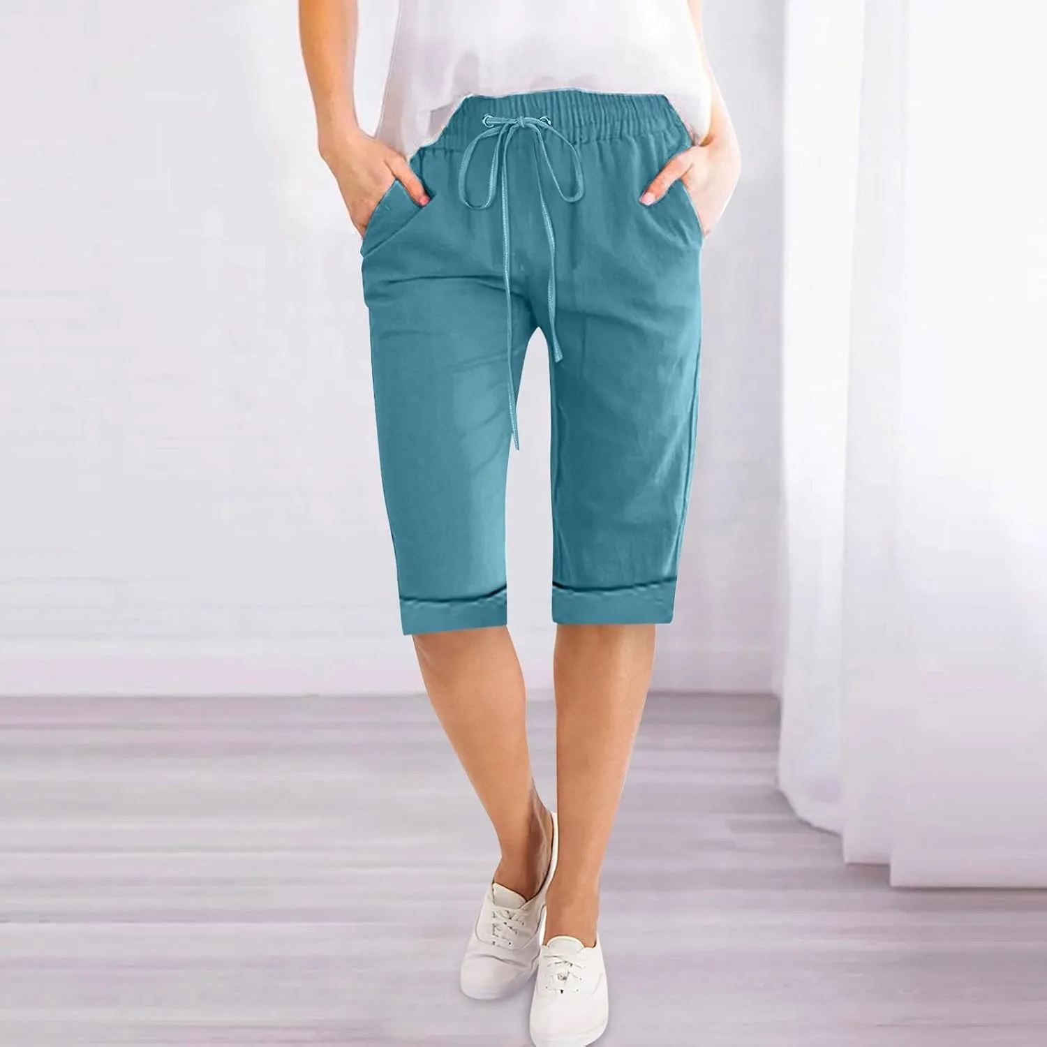 Petite to Bermuda Shorts for Women Knee Length Cotton Linen Shorts Casual Summer Baggy Dressy Shorts with Pockets