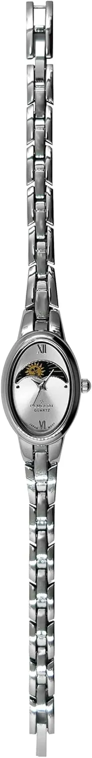 Peugeot Womens 30mm x 20mm Oval Watch with Sun-Moon Phase Roman Numeral Dial and Metal Link Bracelet