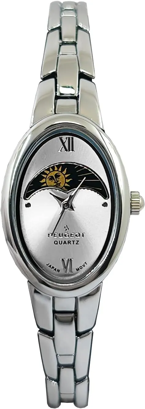 Peugeot Womens 30mm x 20mm Oval Watch with Sun-Moon Phase Roman Numeral Dial and Metal Link Bracelet