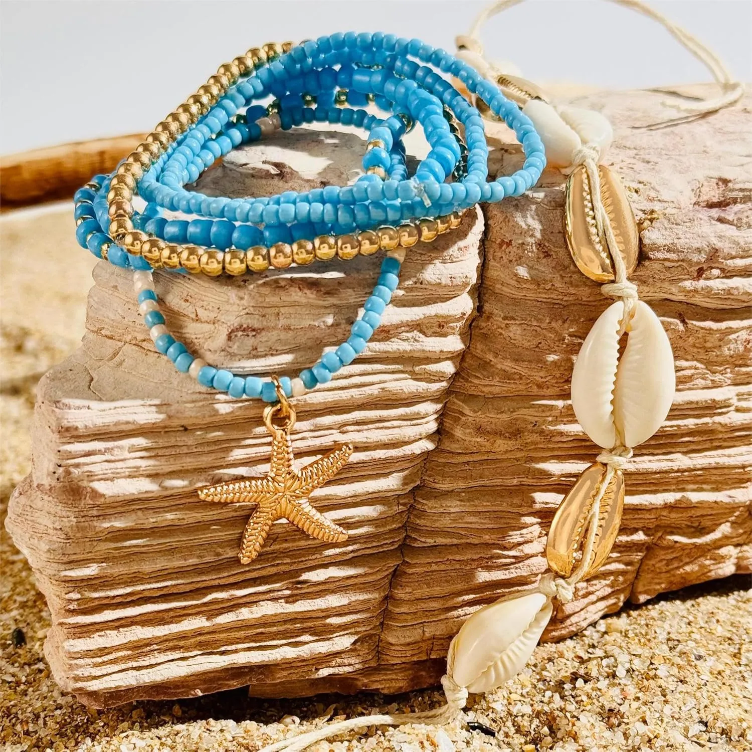 Pingyongchang Bohemian Stackable Shell Beaded Ankle Bracelets for Women Colorful Boho Multi-Layer Seashell Gold Starfish Adjustable Handmade Braid Bracelet Summer Beach Holiday Accessories Gifts