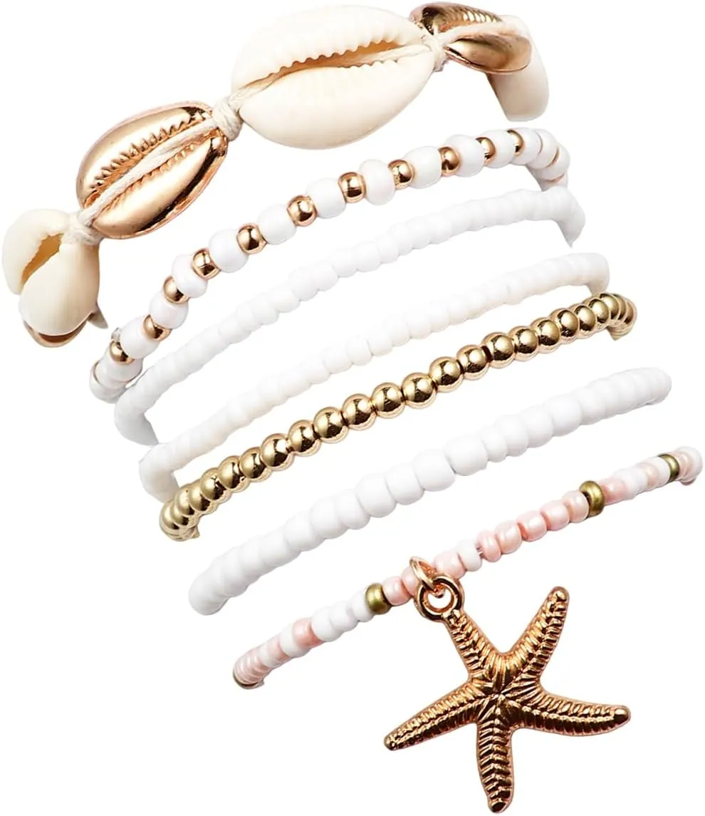 Pingyongchang Bohemian Stackable Shell Beaded Ankle Bracelets for Women Colorful Boho Multi-Layer Seashell Gold Starfish Adjustable Handmade Braid Bracelet Summer Beach Holiday Accessories Gifts
