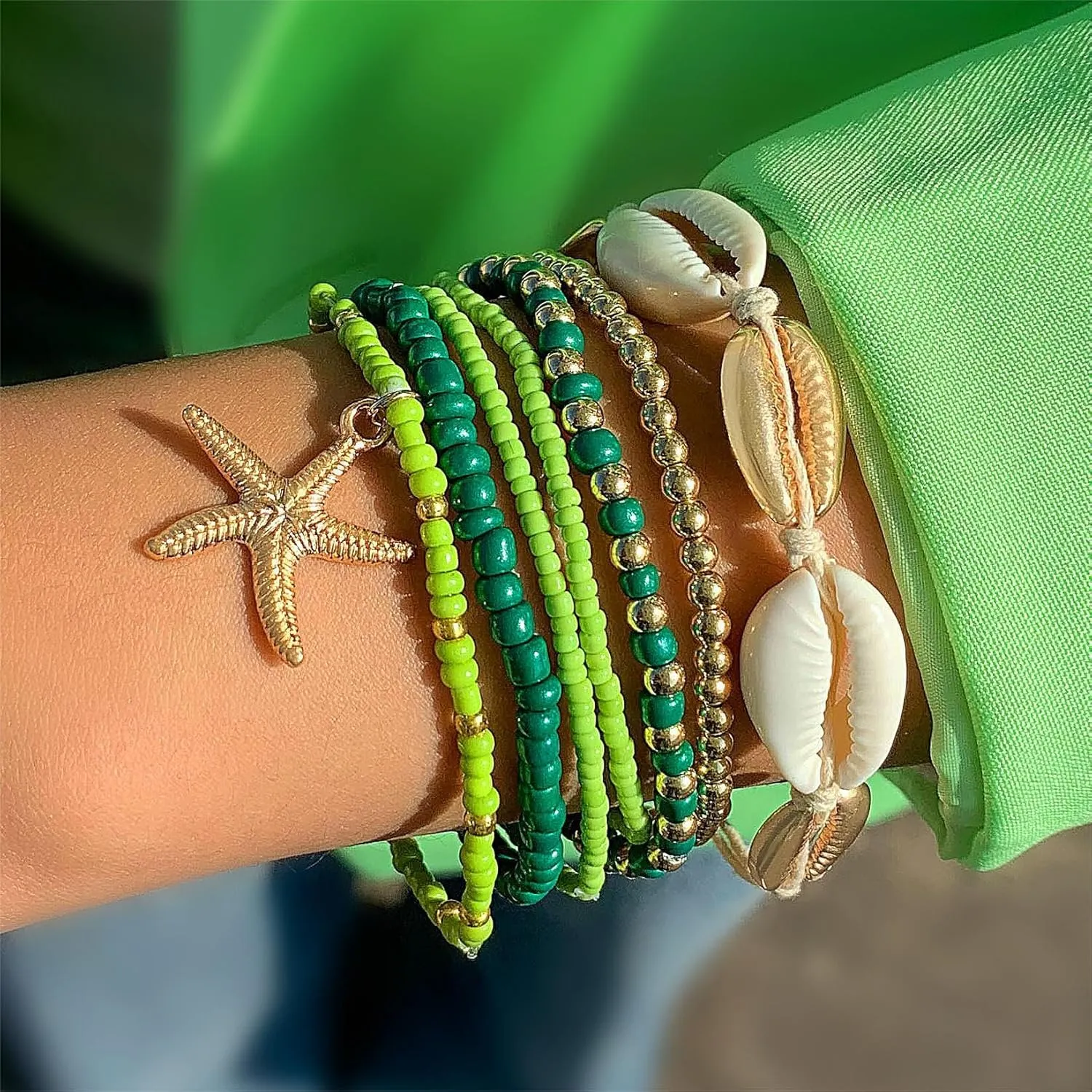 Pingyongchang Bohemian Stackable Shell Beaded Ankle Bracelets for Women Colorful Boho Multi-Layer Seashell Gold Starfish Adjustable Handmade Braid Bracelet Summer Beach Holiday Accessories Gifts