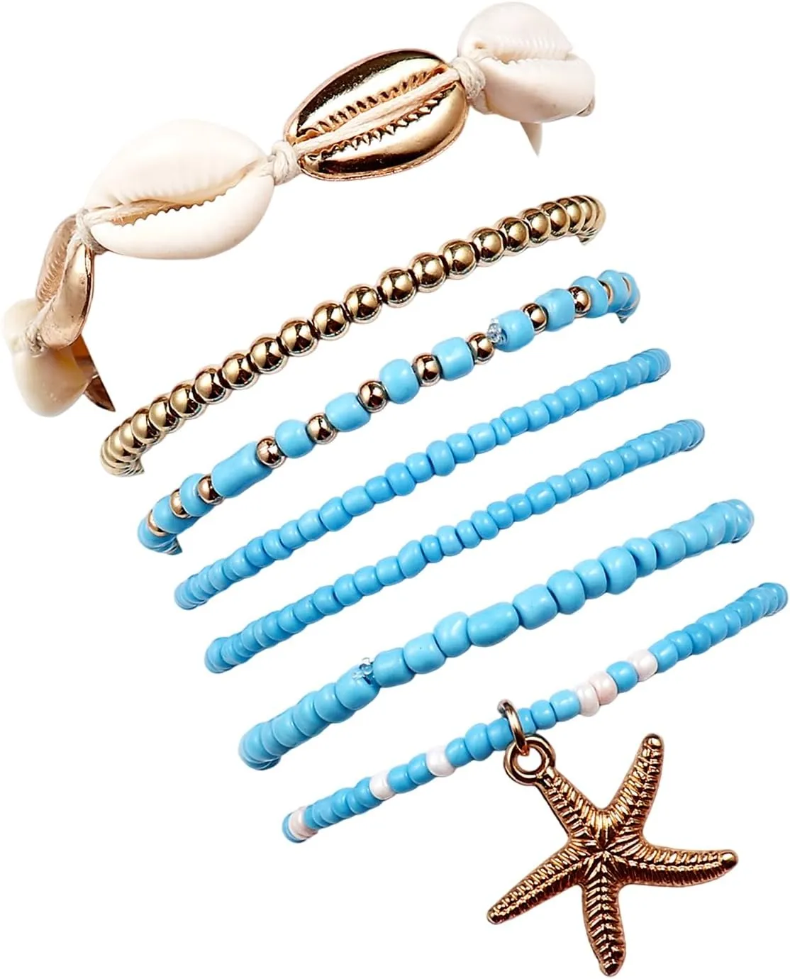 Pingyongchang Bohemian Stackable Shell Beaded Ankle Bracelets for Women Colorful Boho Multi-Layer Seashell Gold Starfish Adjustable Handmade Braid Bracelet Summer Beach Holiday Accessories Gifts