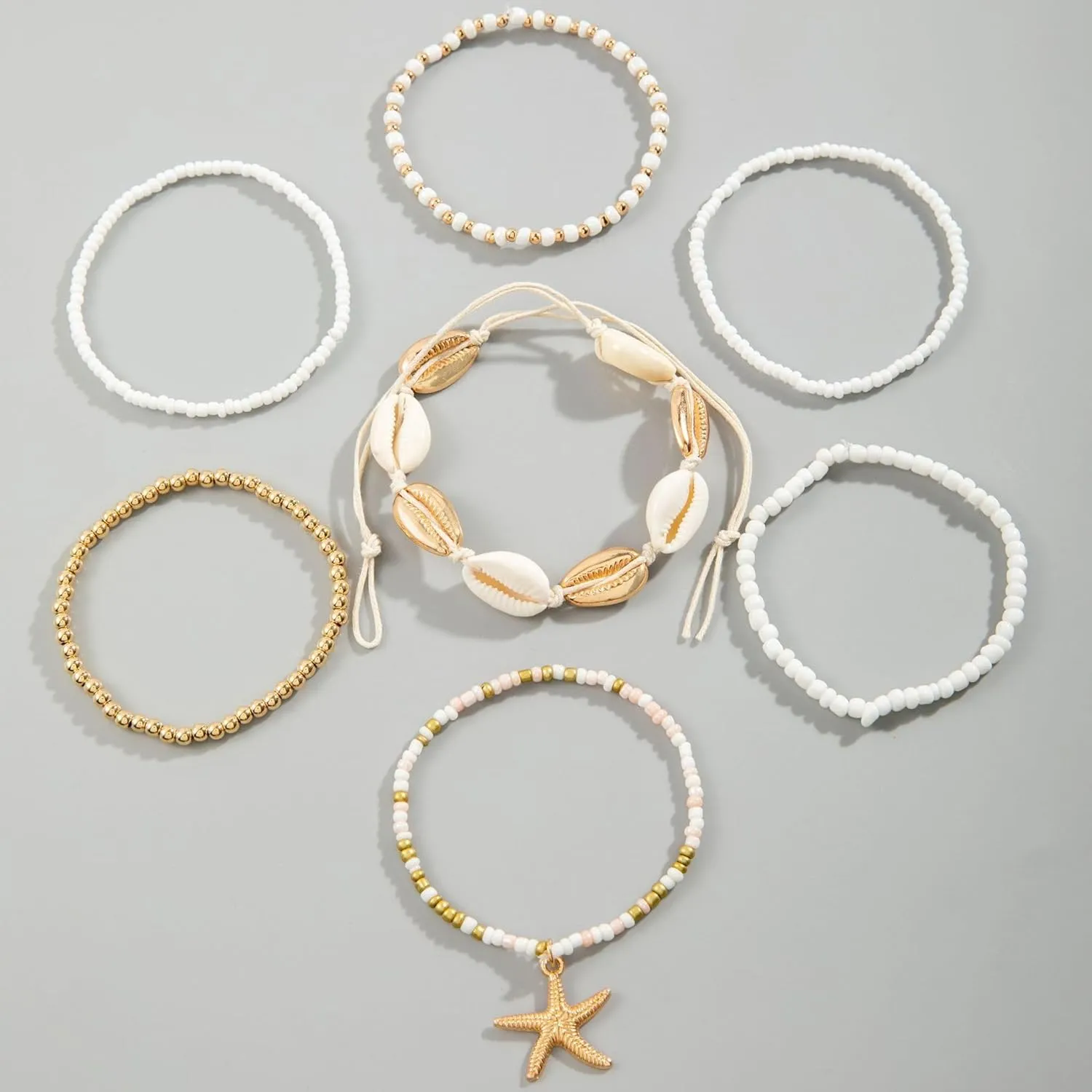 Pingyongchang Bohemian Stackable Shell Beaded Ankle Bracelets for Women Colorful Boho Multi-Layer Seashell Gold Starfish Adjustable Handmade Braid Bracelet Summer Beach Holiday Accessories Gifts