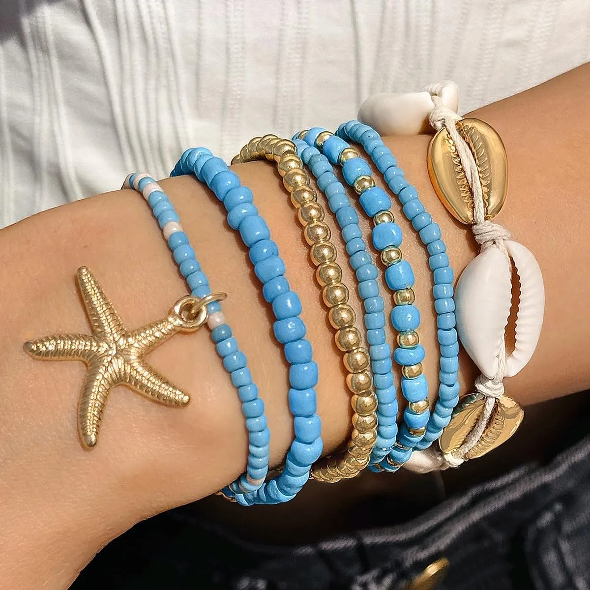 Pingyongchang Bohemian Stackable Shell Beaded Ankle Bracelets for Women Colorful Boho Multi-Layer Seashell Gold Starfish Adjustable Handmade Braid Bracelet Summer Beach Holiday Accessories Gifts