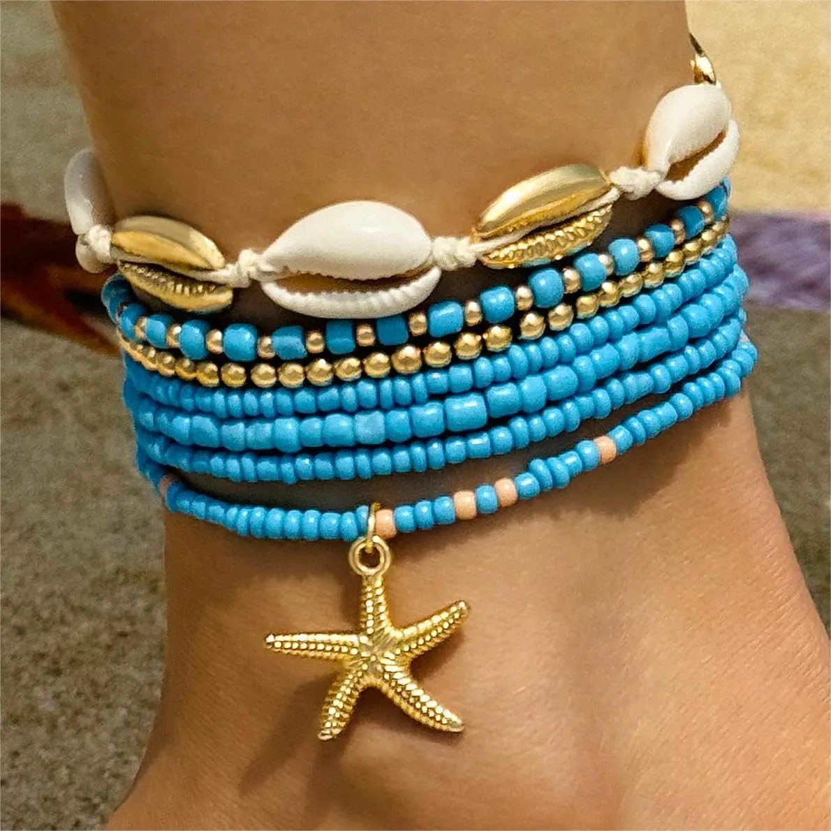 Pingyongchang Bohemian Stackable Shell Beaded Ankle Bracelets for Women Colorful Boho Multi-Layer Seashell Gold Starfish Adjustable Handmade Braid Bracelet Summer Beach Holiday Accessories Gifts