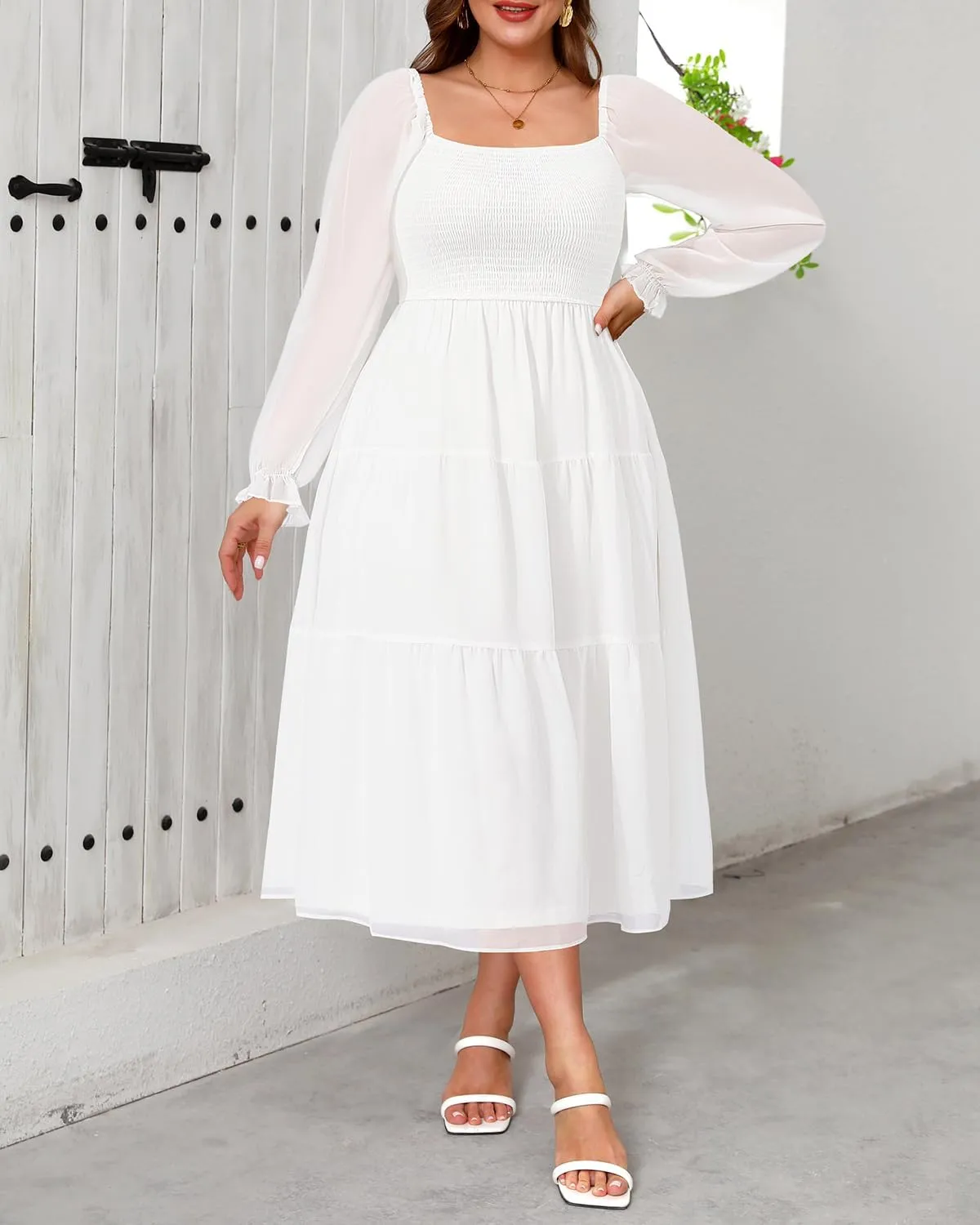Pinup Fashion Plus Size Fall Dress Wedding Guest - Long Sleeve Graduation Boho Chiffon Smocked Midi Dresses