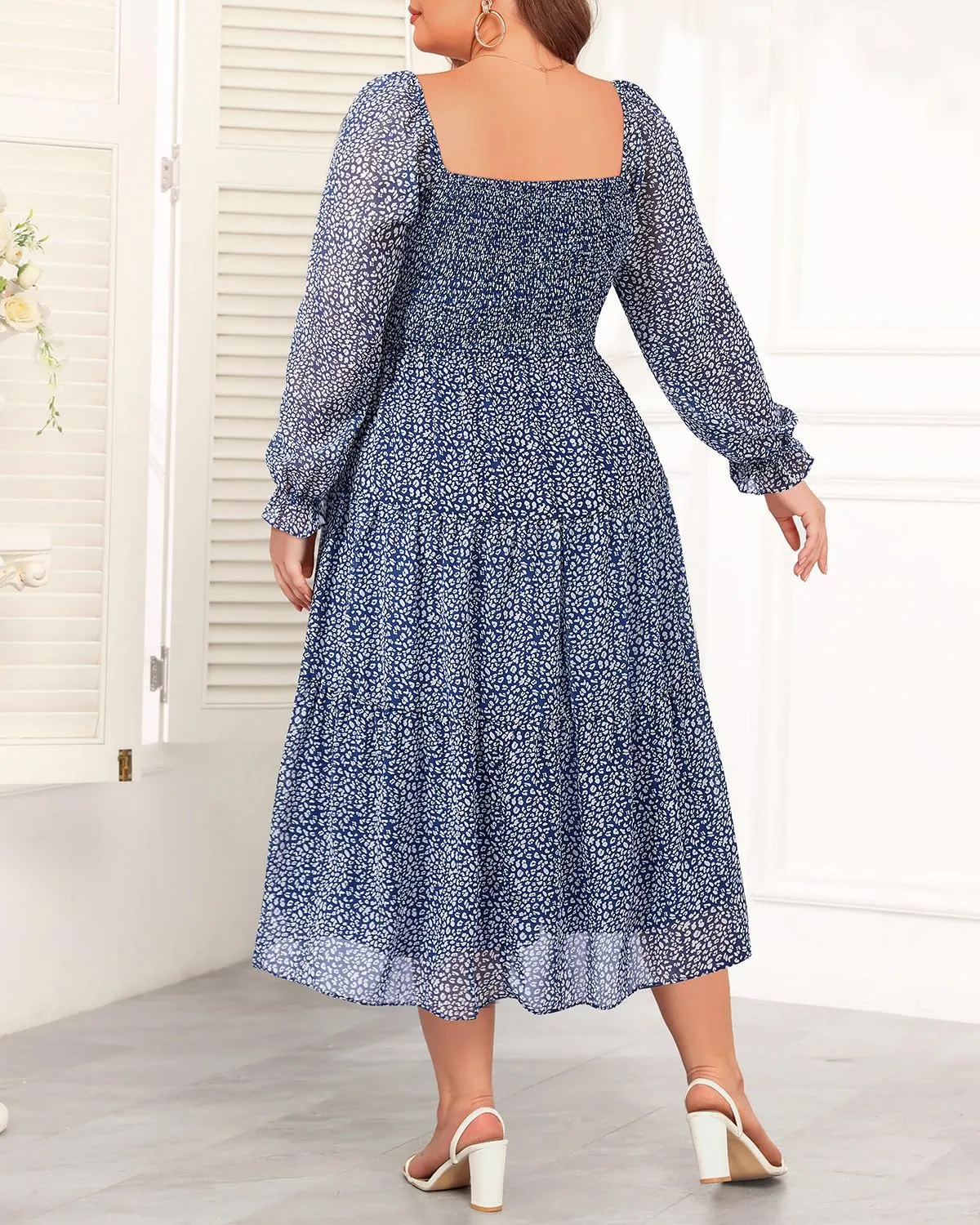 Pinup Fashion Plus Size Fall Dress Wedding Guest - Long Sleeve Graduation Boho Chiffon Smocked Midi Dresses