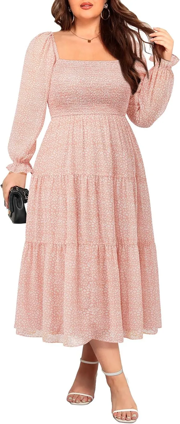 Pinup Fashion Plus Size Fall Dress Wedding Guest - Long Sleeve Graduation Boho Chiffon Smocked Midi Dresses