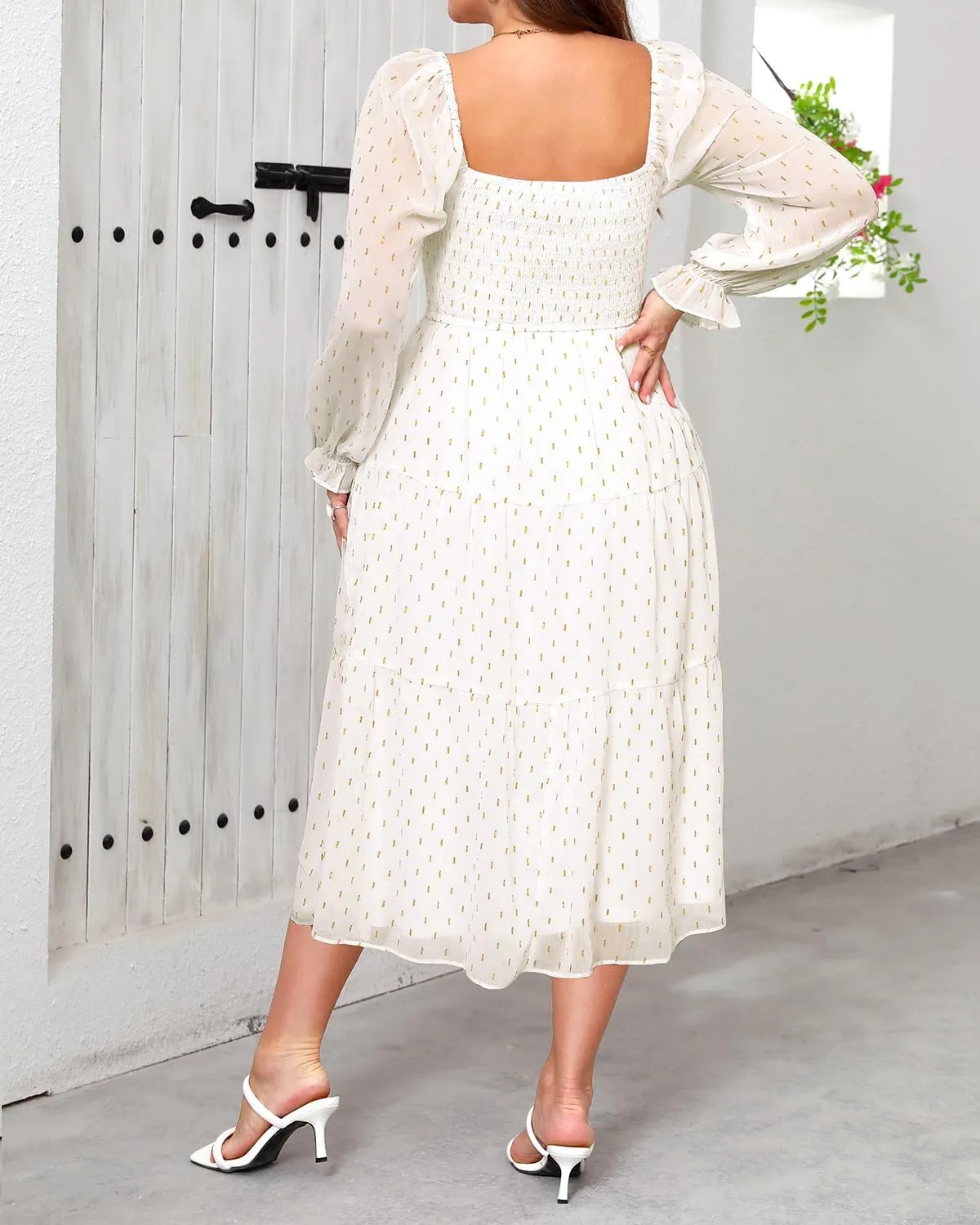 Pinup Fashion Plus Size Fall Dress Wedding Guest - Long Sleeve Graduation Boho Chiffon Smocked Midi Dresses