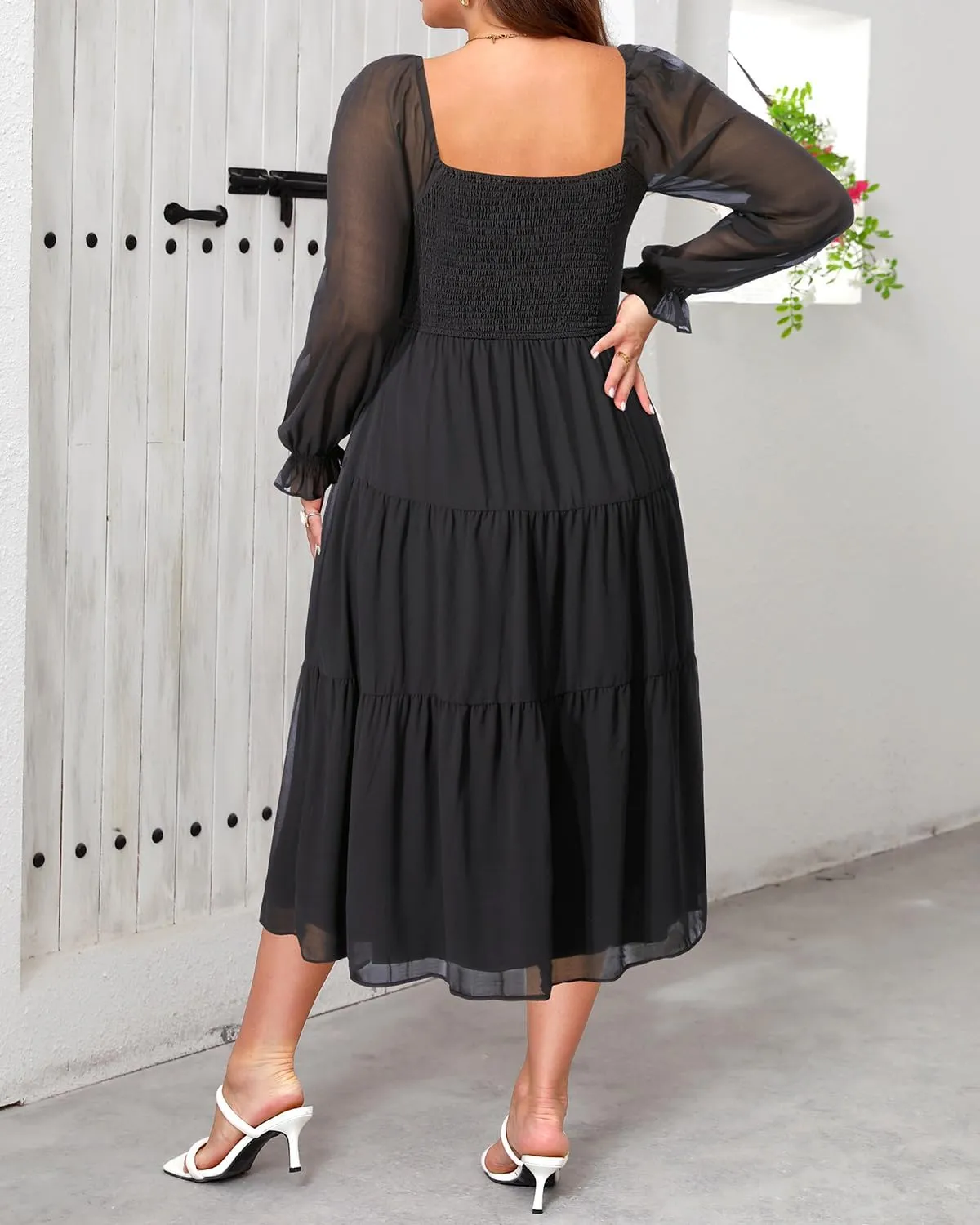 Pinup Fashion Plus Size Fall Dress Wedding Guest - Long Sleeve Graduation Boho Chiffon Smocked Midi Dresses