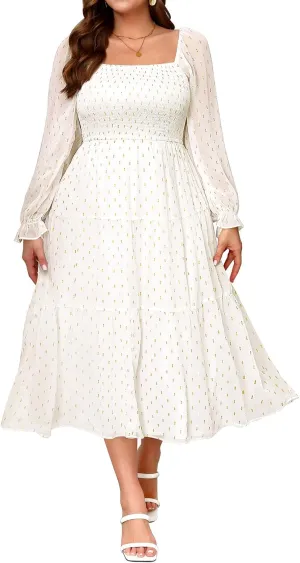 Pinup Fashion Plus Size Fall Dress Wedding Guest - Long Sleeve Graduation Boho Chiffon Smocked Midi Dresses