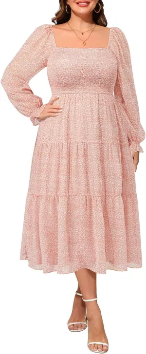 Pinup Fashion Plus Size Fall Dress Wedding Guest - Long Sleeve Graduation Boho Chiffon Smocked Midi Dresses